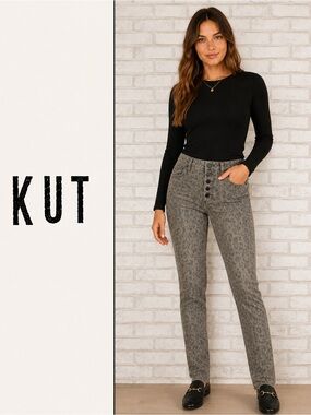 KUT from the Kloth Gray Leopard Print Button-Fly Straight Jeans Size 4